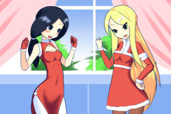 Rule 34 | 2girls, black hair, black pantyhose, blonde hair, blue eyes, blush, breasts, character request, christmas, cleavage, cleavage cutout, clothing cutout, collarbone, curtains, detached sleeves, digimon, digimon frontier, drantyno, dress, fur-trimmed dress, fur-trimmed gloves, fur trim, gloves, green eyes, hand on own hip, long hair, multiple girls, open mouth, orimoto izumi, pantyhose, red dress, red gloves, santa costume, santa dress, short sleeves, side slit, sky, sleeveless, sleeveless dress, small breasts, smile, standing, teeth, twintails, white pantyhose, window
