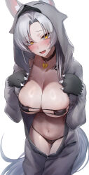 Rule 34 | 1girl, absurdres, animal costume, animal hands, bikini, black bikini, black collar, black gloves, blush, breasts, collar, collarbone, commentary, commentary request, english commentary, eyepatch bikini, fang, gloves, grey hair, heart collar, highres, huge breasts, looking at viewer, medium hair, monegi, navel, open mouth, original, paw gloves, simple background, solo, swimsuit, tail, thighs, unzipped, white background, yellow eyes, zipper