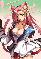 Rule 34 | 1girl, animal ears, banpresto, breasts, cat ears, cat tail, cleavage, fingerless gloves, gloves, green eyes, hair ornament, hairpin, hisahiko, infinite frontier, koma (srw), large breasts, long hair, multiple tails, pink hair, smile, solo, super robot wars, super robot wars og saga mugen no frontier, tail, undressing
