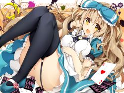 Rule 34 | 1girl, :d, ace (playing card), alice (alice in wonderland), alice in wonderland, apron, argyle, argyle background, argyle clothes, bad id, bad pixiv id, black thighhighs, blonde hair, bow, breasts, buttons, card, clubs, crescent, dress, eyebrows, flower, frilled dress, frills, hair bow, hand on own cheek, hand on own face, hand on own stomach, heart, highres, long hair, mary janes, minari (minari37), open mouth, playing card, puffy short sleeves, puffy sleeves, rabbit, shoes, short sleeves, signature, smile, solo, spade, thighhighs, wavy hair, wristband, yellow eyes