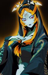 Rule 34 | 1girl, blazemalefica, blue skin, breasts, closed mouth, collarbone, colored skin, front ponytail, gradient background, green nails, hand up, highres, hood, hood up, large breasts, long hair, midna, midna (true), nail polish, nintendo, orange background, orange hair, pointy ears, red eyes, solo, the legend of zelda, the legend of zelda: twilight princess, watermark, web address