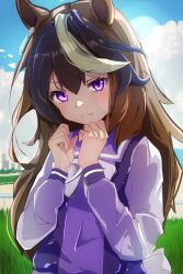 Rule 34 | 1girl, animal ears, blue shirt, blue sky, bow, breasts, closed mouth, commentary request, earrings, hair between eyes, highres, horse ears, horse girl, horse tail, jewelry, long hair, long sleeves, looking at viewer, medium breasts, multicolored hair, outdoors, puffy short sleeves, puffy sleeves, purple eyes, sailor collar, school uniform, shirt, short sleeves, single earring, sky, smile, solo, streaked hair, symboli rudolf (umamusume), tail, tracen school uniform, umamusume, upper body, white bow, white hair, yoojp