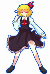 Rule 34 | 1girl, ascot, bad id, bad pixiv id, blonde hair, embodiment of scarlet devil, female focus, full body, grin, hair ribbon, highres, open mouth, red eyes, ribbon, rumia, shirt, short hair, simple background, skirt, skirt set, smile, solo, thighhighs, touhou, white thighhighs, yoshida tatsumi