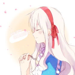 Rule 34 | 1girl, albino, apron, blue dress, closed eyes, closed mouth, commentary, dress, frilled apron, frills, from side, gradient background, hairband, happy birthday, holding, holding jewelry, holding necklace, interlocked fingers, jewelry, kagerou project, key, key necklace, kozakura marry, kyokutsuki, light particles, long hair, necklace, own hands together, pale skin, petals, pink background, profile, red hairband, red ribbon, ribbon, smile, solo, upper body, wavy hair, white background, white hair