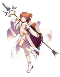 Rule 34 | 1girl, absurdres, blue eyes, blush, boots, breasts, brown hair, commentary, dot nose, full body, hair ornament, highres, holding, holding polearm, holding spear, holding weapon, jungki dr, leg up, long hair, long sleeves, looking at viewer, navel, original, polearm, revealing clothes, simple background, sleeves past wrists, small breasts, smile, solo, spear, very long hair, weapon, white background, white footwear