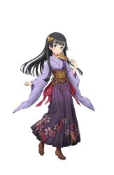 Rule 34 | 1girl, arisugawa kaoru, black eyes, black hair, boots, brown footwear, cross-laced footwear, floral print, full body, hakama, hakama skirt, hand fan, highres, japanese clothes, kimono, lace-up boots, looking at viewer, official art, paper fan, princess principal, princess principal game of mission, shoes, skirt, smile, standing, transparent background, wide sleeves