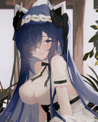 Rule 34 | 1girl, absurdres, august von parseval (azur lane), august von parseval (the conquered unhulde) (azur lane), azur lane, bare shoulders, breasts, clothing cutout, curled horns, dress, hair over one eye, highres, horns, indoors, large breasts, long hair, looking at viewer, mechanical horns, official alternate costume, plant, purple eyes, purple hair, solo, tiatan, underboob, underboob cutout, very long hair, white dress