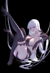 Rule 34 | 1girl, absurdly long hair, absurdres, black background, black bra, black footwear, black gloves, black panties, black thighhighs, bra, braid, breasts, cleavage, commentary request, elbow gloves, feet, full body, gloves, halterneck, high heels, highres, large breasts, legs, long hair, looking at viewer, no shoes, open mouth, original, panties, pointy ears, purple eyes, shoes, single shoe, sitting, solo, swd3e2, thighhighs, toes, underwear, underwear only, very long hair, white hair