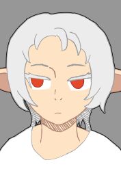 Rule 34 | absurdres, artist request, colored lineart, elf, expressionless, grey background, highres, mushoku tensei, non-web source, pointy ears, red eyes, shirt, source request, sylphiette (mushoku tensei), white hair, white shirt