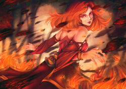 Rule 34 | 1girl, absurdres, bare shoulders, bracelet, breasts, detached sleeves, dota (series), dota 2, earrings, elaine chong, embers, facepaint, fire, fire, highres, jewelry, lina inverse (dota 2), lipstick, looking at viewer, looking back, magic, makeup, medium breasts, motion blur, open mouth, orange hair, outdoors, red eyes, solo