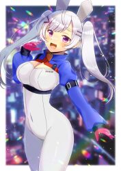 Rule 34 | 1girl, :d, animal ears, blurry, blurry background, blush, bodysuit, breasts, cleavage, commentary request, commission, covered navel, depth of field, gloves, grey hair, hair ornament, hairclip, hand up, kou hiyoyo, long hair, long sleeves, looking at viewer, medium breasts, open mouth, original, pink gloves, puffy long sleeves, puffy sleeves, purple eyes, rabbit ears, shrug (clothing), skeb commission, sleeves past wrists, smile, solo, twintails, very long hair, white bodysuit