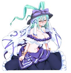 Rule 34 | 1girl, angry, aqua hair, bare shoulders, blush, bracelet, breasts, cleavage, closed eyes, earrings, female focus, groin, hat, hip focus, jewelry, kthanid, kusare panda, large breasts, leaning forward, long skirt, m.u.g.e.n, navel, ribbon, short hair, simple background, skirt, solo, standing, tattoo, veil, wide hips