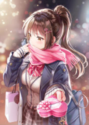 Rule 34 | 0v0 (l seohui), 1girl, absurdres, bag, beige sweater, blue bag, blue coat, blurry, blush, bokeh, bow, bowtie, box, breasts, brown eyes, brown hair, chromatic aberration, closed mouth, coat, commentary, covering own mouth, cowboy shot, depth of field, fingernails, gift, gift box, glint, hair ornament, hairpin, hand up, heart, heart hair ornament, highres, holding, holding gift, huge filesize, incoming gift, large breasts, long hair, long sleeves, looking away, original, outstretched arm, pink scarf, plaid, plaid skirt, pleated skirt, ponytail, red bow, red bowtie, revision, scarf, shoulder bag, sidelocks, skirt, solo, standing, striped bow, striped bowtie, striped clothes, striped neckwear