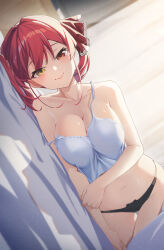 Rule 34 | 1girl, black panties, blush, breasts, camisole, chinese commentary, cleavage, closed mouth, collarbone, commentary request, hair ribbon, happy, heterochromia, highres, hololive, houshou marine, indoors, large breasts, looking at viewer, lying, medium hair, navel, off shoulder, on side, panties, red eyes, red hair, red ribbon, reulem, ribbon, single off shoulder, smile, solo, stomach, television, twintails, underwear, upper body, virtual youtuber, white camisole, yellow eyes