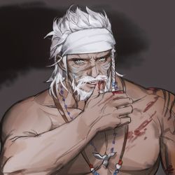 Rule 34 | 1boy, bara, beard, blood, blood on face, blue eyes, boiled egg27, facial hair, final fantasy, final fantasy xiv, headband, highres, hyur, large pectorals, long hair, looking at viewer, lyon rem helsos, male focus, mature male, muscular, muscular male, mustache, nipples, old, pectorals, tattoo, topless male, white hair