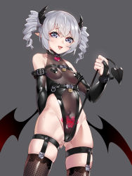Rule 34 | 1girl, bare shoulders, between legs, bridal gauntlets, bronya zaychik, collar, commentary request, covered erect nipples, covered navel, demon girl, demon horns, demon tail, demon wings, drill hair, elbow gloves, fang, garter straps, ginklaga, gloves, glowing, grey background, grey eyes, heart pasties, highres, honkai (series), honkai impact 3rd, horns, lock, looking at viewer, low wings, padlock, pasties, pointy ears, pubic tattoo, pussy juice, see-through, silver hair, skin fang, skindentation, solo, tail, tail between legs, tattoo, wings