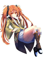 Rule 34 | 10s, 1girl, aihara enju, black bullet, dress, hand in own hair, hand on own hip, highres, long hair, looking at viewer, matching hair/eyes, orange eyes, orange hair, pleated skirt, sacchin (tenmu), simple background, skirt, solo, twintails, white background, white dress, zipper