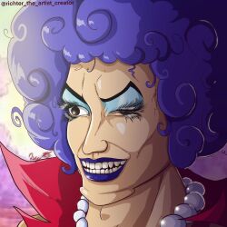 Rule 34 | 1boy, afro, artist name, bead necklace, beads, emporio ivankov, eyelashes, highres, jewelry, lipstick, makeup, male focus, necklace, one eye closed, one piece, pearl necklace, purple hair, purple lips, realistic, richter 524, signature, smile, solo, teeth