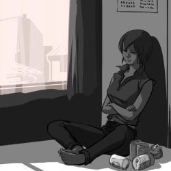 Rule 34 | 1girl, alcohol, barefoot, beer, can, city, crossed arms, empty beer cans, feet, indoors, meiko (vocaloid), monochrome, nippori honsha, sad, sitting, solo, spot color, vocaloid, window