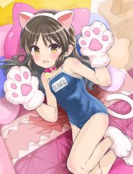Rule 34 | 1girl, animal ears, animal hands, armpit crease, bell, blue one-piece swimsuit, blush, breasts, brown eyes, brown hair, cat ears, cat paws, cat tail, collar, commentary request, competition school swimsuit, cushion, fake animal ears, fake tail, gloves, hairband, highres, idolmaster, idolmaster cinderella girls, long hair, looking at viewer, lying, mons pubis, name tag, neck bell, old school swimsuit, on bed, one-piece swimsuit, open mouth, paw gloves, paw shoes, petite, pillow, red collar, saeki tatsuya, school swimsuit, shoes, sidelocks, small breasts, solo, swimsuit, tachibana arisu, tail, translation request, white gloves, white hairband