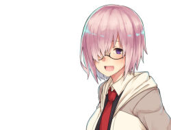 Rule 34 | 1girl, :d, crying, crying with eyes open, fate/grand order, fate (series), glasses, hair over one eye, highres, looking at viewer, mash kyrielight, open mouth, purple eyes, purple hair, short hair, simple background, smile, solo, streaming tears, tears, tsukamoto minori, white background