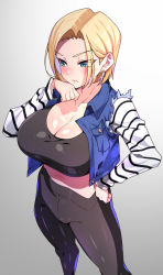 Rule 34 | 1girl, alternate breast size, alternate eye color, android, android 18, aqua eyes, black legwear, blonde hair, blush, breasts, cleavage, closed mouth, collarbone, commentary, crop top, curled fingers, dragon ball, dragonball z, earrings, forehead, hand on own chest, hand on own hip, jewelry, large breasts, large ears, legs apart, long sleeves, looking away, midriff, navel, shiny clothes, shirt, short hair, sidelocks, solo, standing, striped clothes, striped shirt, torn clothes, ushineko (onekosama1234), v-shaped eyebrows, vest