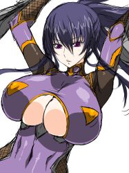 Rule 34 | 1girl, akiyama rinko, aoi nagisa (metalder), arms up, bodysuit, breasts, cleavage cutout, clothing cutout, covered navel, high ponytail, highres, huge breasts, lilith-soft, lips, long hair, purple eyes, shiny clothes, sketch, solo, taimanin (series), taimanin suit, taimanin yukikaze, very long hair, white background, wide hips