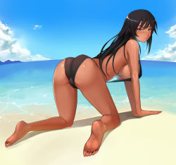 Rule 34 | &gt;:), 1girl, all fours, ass, bare arms, bare legs, bare shoulders, barefoot, beach, bent over, bikini, black bikini, black hair, blue eyes, blush, breasts, closed mouth, cloud, covered erect nipples, day, feet, from behind, large breasts, long hair, looking at viewer, looking back, metalbolic, original, outdoors, sideboob, sidelocks, slingshot swimsuit, smile, soles, solo, swimsuit, tan, toes, underboob, v-shaped eyebrows