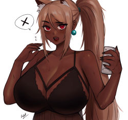Rule 34 | 1girl, absurdres, animal ear fluff, animal ears, babydoll, black babydoll, black nails, blush, borrowed character, breasts, brown lips, cat ears, cat girl, cleavage, commentary, dark-skinned female, dark skin, earrings, english commentary, fingernails, highres, holding, holding phone, huge breasts, jewelry, kevbot, lace trim, light brown hair, long hair, looking at viewer, mismatched eyebrows, mole, mole under eye, nail polish, open mouth, original, phone, ponytail, ponytail cat girl (kevbot), red eyes, see-through, solo, spaghetti strap, spoken x, sren244, sweat, teeth, upper body, upper teeth only, very dark skin, very long hair, white background