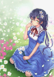 Rule 34 | 1girl, bad id, bad pixiv id, black hair, blue dress, blurry, blush, closed mouth, depth of field, dress, flower, frilled dress, frills, green eyes, hair flower, hair ornament, hair scrunchie, hairclip, hand up, holding, holding flower, long hair, looking at viewer, original, outdoors, petals, puffy short sleeves, puffy sleeves, ryuinu, scrunchie, short sleeves, sitting, smile, solo, white flower