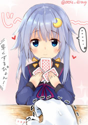 Rule 34 | ..., 1girl, admiral (kancolle), black sailor collar, blue eyes, blue hair, blue shirt, blush, card, closed mouth, commentary request, crescent, crescent hair ornament, gloves, hair between eyes, hair ornament, heart, holding, holding card, kantai collection, long hair, long sleeves, neck ribbon, playing card, purple ribbon, ribbon, sailor collar, shirt, solo focus, sou (soutennkouchi), sparkle, spoken ellipsis, sweat, translation request, trembling, twitter username, upper body, white gloves, yayoi (kancolle)