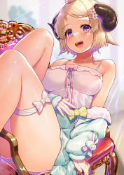 Rule 34 | 1girl, :d, bare legs, bare shoulders, blonde hair, blue jacket, bow, breasts, flower, green bow, hair flower, hair ornament, hololive, horns, jacket, kibanda gohan, large breasts, long sleeves, looking at viewer, off shoulder, on chair, open mouth, purple eyes, sheep horns, shirt, short hair, smile, solo, thigh strap, tsunomaki watame, tsunomaki watame (loungewear), virtual youtuber, white flower, white shirt