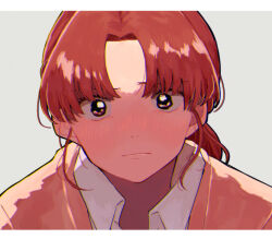 Rule 34 | 1girl, blush, closed mouth, egashira mika, embarrassed, flustered, frown, grey background, letterboxed, looking at viewer, parted bangs, pechevail, portrait, red eyes, red hair, school uniform, skip to loafer, solo, straight-on, tearing up