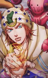 Rule 34 | 1boy, aiming, aiming at viewer, blood, blood from mouth, blue eyes, brown hair, hat, highres, horse, horseshoe, johnny joestar, jojo no kimyou na bouken, loco3moco3, male focus, star (symbol), steel ball run, tusk (stand), wristband