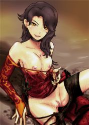 Rule 34 | 1girl, bare shoulders, bed, black hair, breasts, cinder fall, dress, earrings, female focus, jewelry, long hair, looking at viewer, nail polish, nipples, open clothes, orange eyes, pussy, red dress, rwby, saliva, sitting, smile, solo, spread legs, sweat, uncensored, undressing, wet, yellow eyes