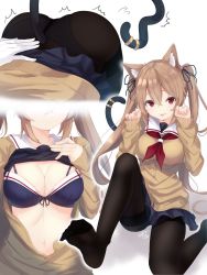 Rule 34 | 1girl, ^^^, animal ears, bad id, bad pixiv id, black pantyhose, black skirt, bra, breasts, brown eyes, cat ears, cat tail, cleavage, gradient hair, hair between eyes, hair ribbon, highres, kantai collection, kemonomimi mode, light brown hair, long hair, looking at viewer, medium breasts, multicolored hair, multiple views, murasame (kancolle), pantyhose, paw pose, pleated skirt, ramchi, ribbon, simple background, skirt, tail, twintails, two side up, underwear, white background
