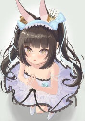 Rule 34 | 1girl, :d, absurdres, alternate costume, animal ear fluff, animal ears, azur lane, bare shoulders, black hair, blue bow, blue flower, blue rose, blunt bangs, blush, bow, breasts, cleavage, collarbone, crown, dress, evening gown, flower, fox ears, fox girl, frilled dress, frills, from above, full body, green background, hair bow, hairband, highres, jwf429, long hair, looking at viewer, looking up, mini crown, nagato (azur lane), nagato (guardian fox&#039;s procession) (azur lane), official alternate costume, open mouth, own hands together, ribbon, rose, see-through, see-through dress, see-through silhouette, shoes, sidelocks, simple background, sleeveless, sleeveless dress, small breasts, smile, solo, standing, strapless, strapless dress, twintails, white background, white dress, white footwear, yellow eyes
