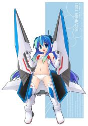 Rule 34 | 1girl, blue eyes, blue hair, boots, elbow gloves, emurin, female focus, flat chest, gloves, gradius, konami, long hair, matching hair/eyes, mecha musume, midriff, navel, panties, personification, robot ears, solo, spacecraft, starfighter, thigh boots, thighhighs, underwear, vic viper, white background