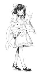 Rule 34 | 1girl, ascot, blush, bow, commentary request, cookie (touhou), detached sleeves, doll, dolphin, frills, full body, greyscale, hair bow, hair tubes, hakurei reimu, hand up, holding, holding doll, holding stuffed toy, japanese clothes, long sleeves, looking at viewer, mary janes, miko, monochrome, mutsutake, open mouth, ribbon-trimmed sleeves, ribbon trim, sananana (cookie), shoes, sidelocks, simple background, smile, socks, solo, standing, stuffed animal, stuffed toy, sweat, touhou, v, walking, white background, wide sleeves