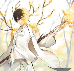 Rule 34 | 1boy, black hair, branch, closed mouth, coat, e.g.o (project moon), flower, flower over eye, hair flower, hair ornament, hi i dubu, highres, holding, holding branch, jacket, korean clothes, limbus company, long sleeves, looking at viewer, male focus, pants, project moon, ribbon, solo, white background, white coat, white jacket, white pants, white ribbon, yellow flower, yi sang (project moon)