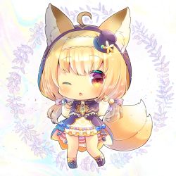 Rule 34 | 1girl, ;o, ahoge, animal ear fluff, animal ears, black footwear, black hat, blonde hair, blush, boots, capelet, chibi, double fox shadow puppet, ears through headwear, flower knight girl, fox ears, fox girl, fox shadow puppet, fox tail, frilled capelet, frills, full body, hair through headwear, hat, hood, hood up, hooded capelet, kitsune no botan (flower knight girl), kou hiyoyo, long hair, long sleeves, low twintails, mini hat, mini top hat, multiple tails, one eye closed, parted lips, puffy long sleeves, puffy sleeves, purple capelet, red eyes, skirt, socks, solo, standing, standing on one leg, tail, tilted headwear, top hat, twintails, two tails, very long hair, white background, white skirt, yellow socks