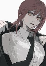 Rule 34 | 1girl, adjusting clothes, black coat, black necktie, braid, braided ponytail, breasts, chainsaw man, coat, collared shirt, commentary, dress shirt, ebanoniwa, expressionless, eyelashes, formal, grey background, hair between eyes, highres, looking at viewer, makima (chainsaw man), medium breasts, medium hair, necktie, open clothes, open coat, open mouth, ringed eyes, shirt, sidelocks, simple background, solo, upper body, white shirt, wing collar, yellow eyes