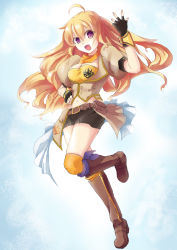 Rule 34 | 1girl, blonde hair, boots, breasts, cleavage, fingerless gloves, gauntlets, gloves, highres, himonoata, long hair, purple eyes, rwby, solo, td, yang xiao long