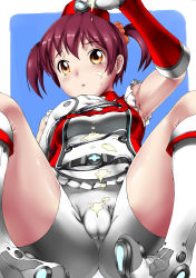 Rule 34 | 1girl, aabitan, bad id, bad pixiv id, bike shorts, brown eyes, brown hair, cleft of venus, gloves, highres, isshiki akane, mayonnaise, palette suit, sexually suggestive, short hair, solo, vividred operation