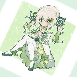Rule 34 | 1girl, alternate costume, alternate hairstyle, ankle bow, ankle ribbon, blush, bow, choker, dress, flower, frilled dress, frilled sleeves, frills, genshin impact, green bow, green dress, green eyes, green ribbon, green theme, hair bow, hair flower, hair ornament, hair ribbon, halftone, halftone background, highres, long hair, long sleeves, looking at viewer, nahida (genshin impact), parted lips, pointy ears, puffy long sleeves, puffy sleeves, ribbon, solo, thighhighs, tsukito cheta, twintails, white choker, white hair, white thighhighs