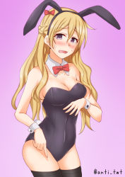 Rule 34 | 1girl, alternate costume, animal ears, anti (untea9), bare shoulders, black thighhighs, blonde hair, bow, bowtie, braid, breasts, brown eyes, cleavage, fake animal ears, french braid, gradient background, highres, kantai collection, large breasts, leotard, long hair, looking at viewer, open mouth, playboy bunny, rabbit ears, solo, thighhighs, thighs, wavy hair, wavy mouth, zara (kancolle)