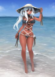 Rule 34 | 1girl, barbariank, bare legs, bare shoulders, barefoot, black ribbon, breasts, commentary, dark-skinned female, dark skin, day, ear ornament, english commentary, full body, hair between eyes, hair ribbon, hand on headwear, hat, highres, horizon, large breasts, long hair, looking at viewer, navel, o-ring, o-ring top, original, outdoors, parted lips, pointy ears, ponytail, red eyes, ribbon, sidelocks, smile, solo, standing, strapless, sun hat, tube top, wading, water, waves, white hair, wrist ribbon
