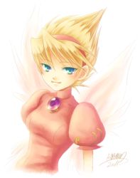 Rule 34 | 10s, 1girl, 2011, blonde hair, blue eyes, breath of fire, breath of fire iii, brooch, dated, hairband, jewelry, mamiya aira, nina (breath of fire iii), puffy sleeves, short hair, signature, smile, solo, spiked hair, upper body