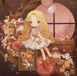 Rule 34 | 1girl, balloon, blonde hair, boots, bright pupils, brown footwear, cake, cake slice, chest of drawers, cross-laced footwear, dress, flower, food, hair ribbon, highres, holding, lace-up boots, lolita fashion, long hair, long sleeves, looking at viewer, original, painting (object), parted bangs, petals, photo (object), purple eyes, rabbit, ribbon, rose, rose petals, shirosaki london, sitting, smile, socks, solo, stuffed animal, stuffed toy, teabag, teddy bear, tree, wavy hair, white dress, white pupils, window