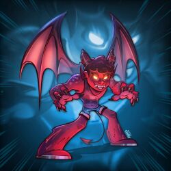 Rule 34 | 1boy, artist name, child, claws, colored skin, commentary, demon, demon boy, demon horns, demon wings, english commentary, fangs, full body, glowing, glowing eyes, highres, horns, littlegasparr, male focus, original, pointy ears, red skin, sharp teeth, solo, tank top, teeth, wings